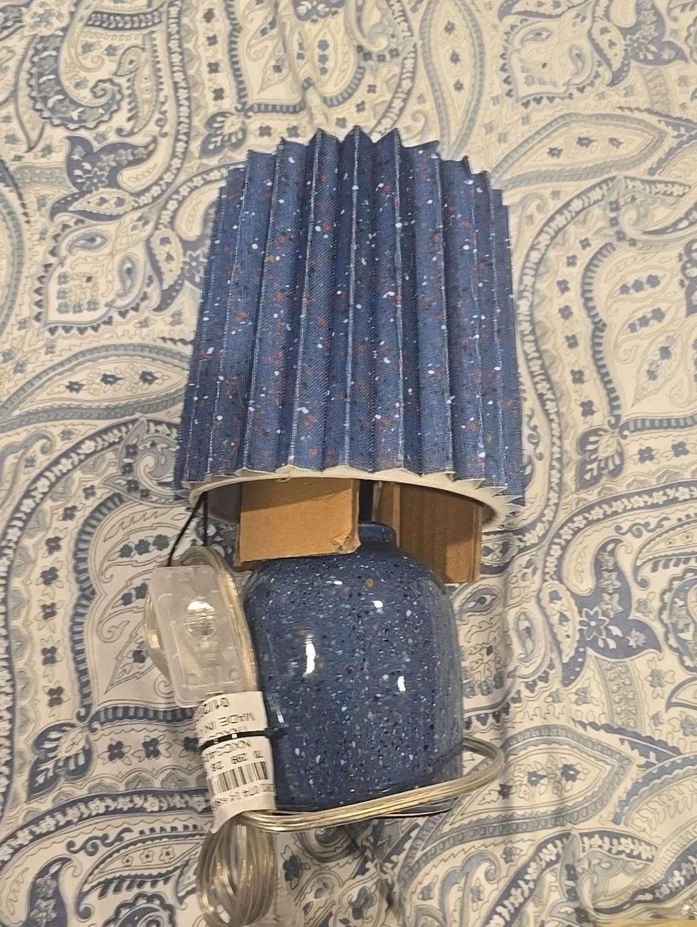 New Blue Speckled Table Lamp with Pleated Shade